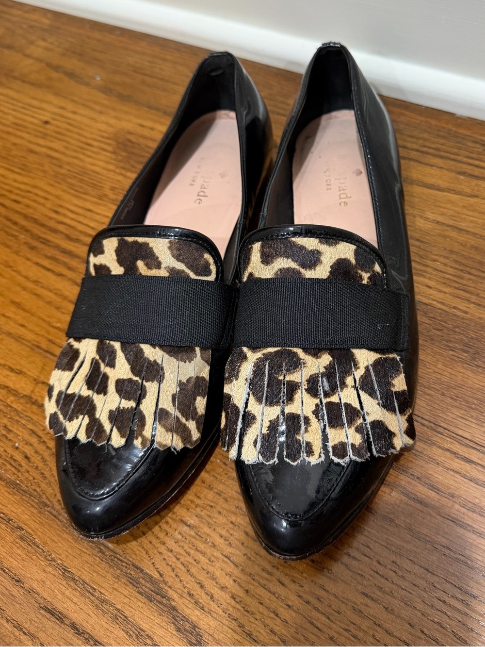 kate spade Black Patent Leather Loafers with Leopard Fringe